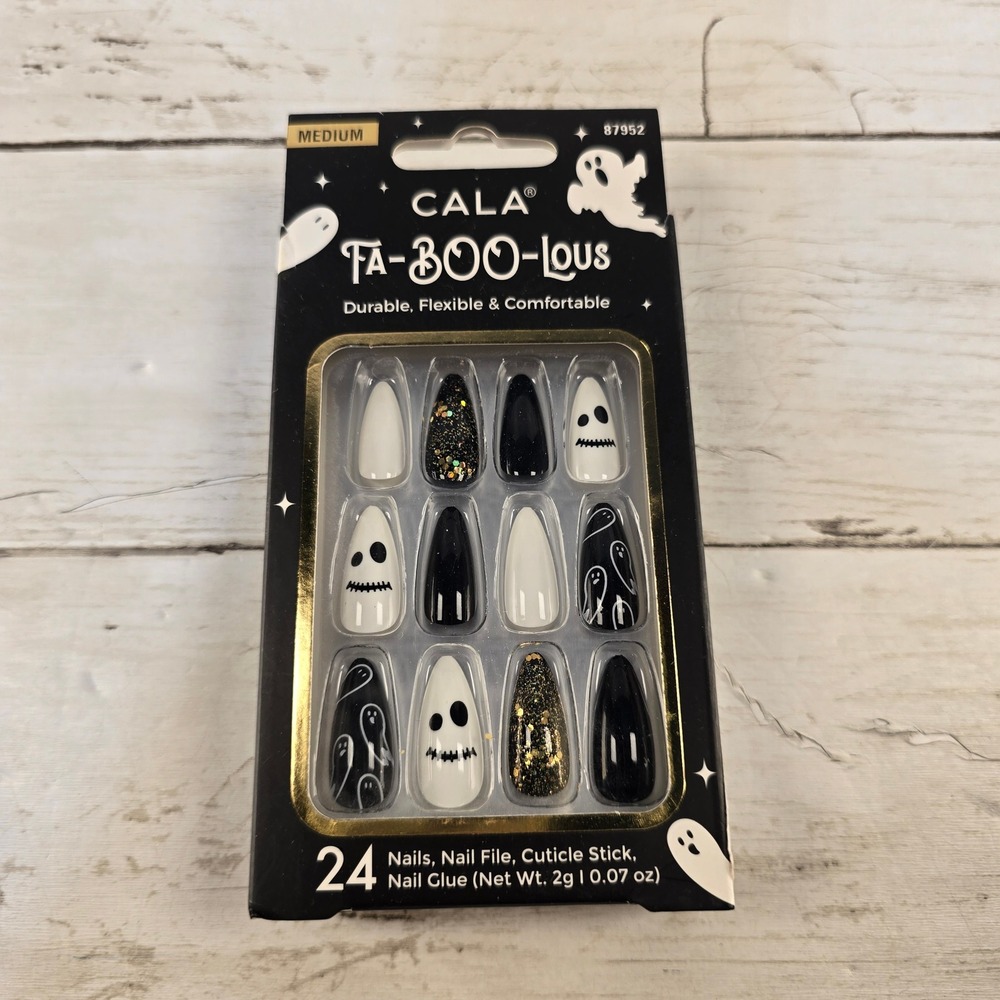 CALA Fa-Boo-Lous Halloween Press On Nails Ghost Glitter Black White 24ct 87952